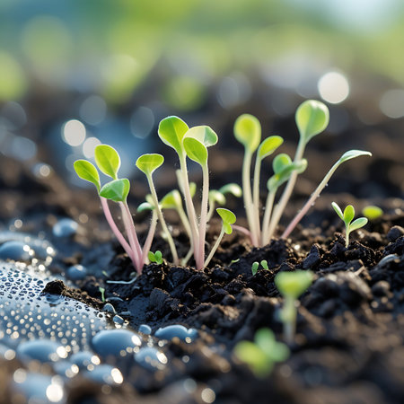 A close-up macro view of tiny, vibrant green seedlings emerging from dark, rich soil. Delicate water droplets glisten on the surface of the soil and on the young leaves, indicating recent watering or morning dew. The shallow depth of field creates a soft bokeh effect in the background, highlighting the fresh, new life and the beginning of the growth process.の素材