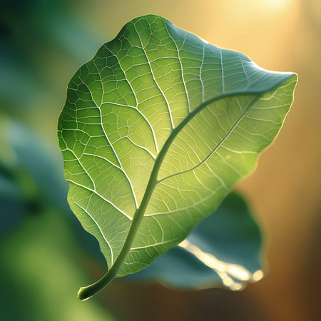 A single, vibrant green leaf is illuminated from behind by soft sunlight, making its intricate vein structure clearly visible. The leaf is slightly curved, with a smooth texture and a delicate stem. The background is softly blurred with warm, golden tones, highlighting the leaf's natural beauty.の素材