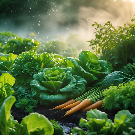 A lush garden scene with a focus on fresh vegetables. Water droplets are visible, suggesting recent watering or rain, creating a misty atmosphere. Carrots with green tops are arranged neatly, alongside vibrant green cabbage and lettuce. The sunlight filters through the mist, illuminating the healthy produce and the rich soil.の素材