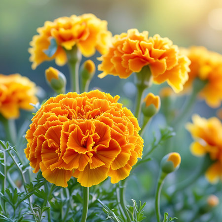 A close-up photograph features several vibrant orange marigold flowers in full bloom. The ruffled petals are detailed, with some buds visible among the foliage. Soft sunlight illuminates the scene, creating a gentle bokeh effect in the blurred green background. The focus is on the rich color and intricate texture of the marigolds.の素材