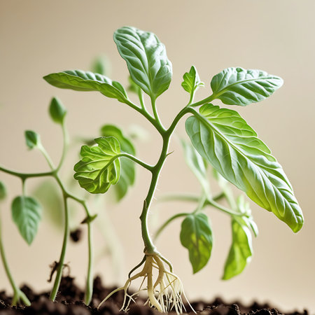 A close-up shot of a young green plant, possibly basil, with its delicate root system exposed from the dark soil. The plant features several vibrant green leaves and a slender stem. Other small seedlings are visible in the blurred background. The focus is on the plant's growth and root structure.の素材