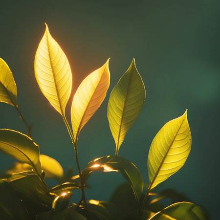 This image features a cluster of yellow-green leaves bathed in warm, golden sunlight. The light beautifully illuminates the leaves from behind, highlighting their delicate veins and translucent quality. The dark, softly blurred background creates a strong contrast, making the illuminated foliage stand out. It'sa serene and visually appealing depiction of nature's light.の素材
