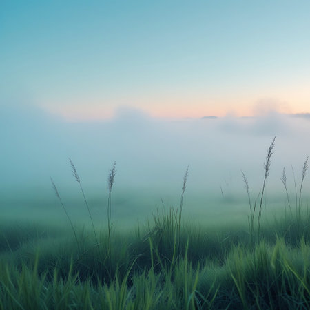 Wispy reeds and tall grass are silhouetted against a soft, hazy backdrop of morning mist. The foreground grass is in sharp focus, showcasing its delicate structure, while the background dissolves into a gentle blur. The sky displays soft pastel tones of blue and pink from the rising sun, creating a serene and dreamlike atmosphere. The scene captures the quiet beauty of a misty dawn.の素材