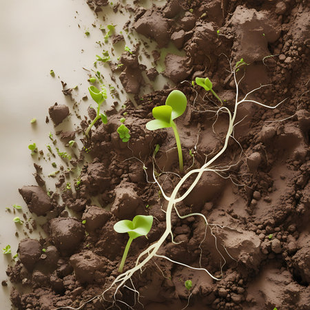 This image provides a close-up view of young green plant sprouts with their delicate white roots exposed, growing within textured brown soil. The scene highlights the process of germination and early growth, with the roots spreading through the earthy substrate.の素材