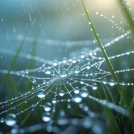 A close-up view of a spider web covered in dew drops, with visible streaks of falling rain creating a dynamic atmosphere. The intricate silk strands are adorned with numerous glistening water droplets, reflecting the soft, diffused light. Blades of green grass are visible in the foreground and background, adding to the natural setting.の素材
