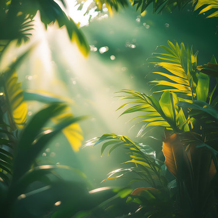 Sunbeams stream through the lush green foliage of a tropical forest, creating a soft, atmospheric effect. Some leaves are in sharp focus, showcasing their vibrant green and hints of yellow from the sunlight, while others are softly blurred, contributing to a dreamy, ethereal quality. The light rays create a sense of depth and tranquility.の素材