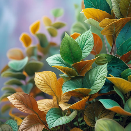 This image showcases a cluster of vibrant green and golden-yellow leaves with a textured surface. The leaves are arranged in a dense pattern, with some appearing to be in focus while others are softly blurred. The background is a gentle bokeh of pastel hues, suggesting a serene and natural setting.の素材