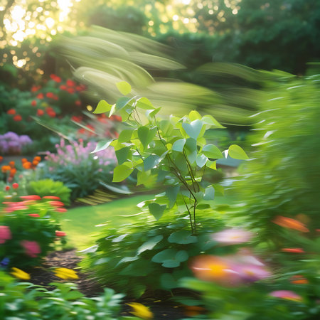 Natural showing vibrant garden with blurred motion effect and bright sunlight keywords: garden, flowers, plants, greenery, leaves, sunlight, dappled light, motion blur, blurred background, vibrant colors, red flowers, pink flowers, orange flowers, yellow flowers, purple flowers, lush, foliage, nature, outdoor, daytime, summer, spring, bokeh, soft focus, abstract, artistic, ethereal, dreamlike, natural beauty, botanical, floral, garden design, close-up, detail, light and shadow, sunbeams,...の素材