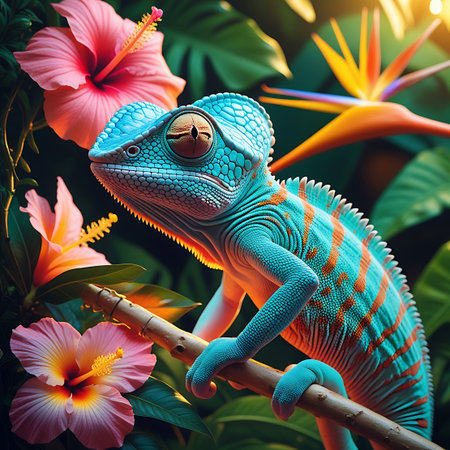 A detailed, close-up image showcases a vividly colored chameleon with turquoise and orange markings, resting on a wooden branch. Its large, prominent eyes are focused forward. Surrounding the reptile are lush green foliage and several blooming tropical flowers, including pink hibiscus and an orange bird of paradise flower, creating a rich, natural setting.の素材