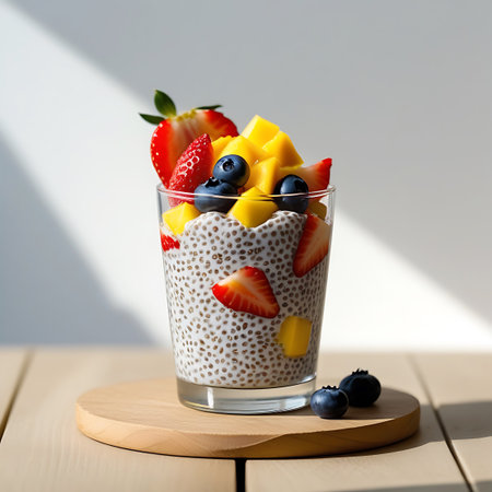Adorned showing chia seed pudding with mango and berries in a glass on a wooden board keywords: chia seed pudding, chia seeds, pudding, healthy dessert, fruit, mango, blueberries, strawberries, fresh fruit, glass, transparent glass, wooden board, wooden surface, breakfast, snack, healthy eating, nutritious, sweet, delicious, food photography, close-up, vibrant colors, refreshing, light background, summer food, vegan, vegetarian, dairy-free, gluten-free, superfood, seeds, texture, healthy...の素材