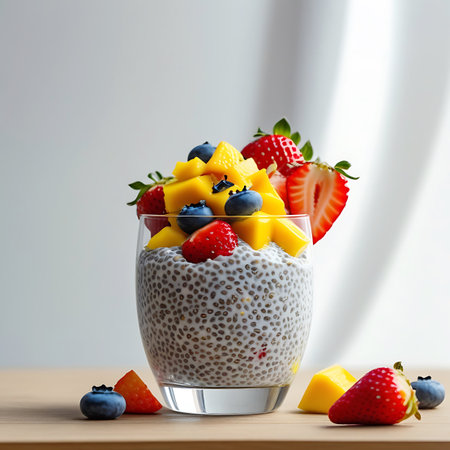 Focuses showing glass of chia seed pudding with mango and berries on wooden surface keywords: chia seed pudding, chia seeds, pudding, healthy dessert, fruit, mango, blueberries, strawberries, fresh fruit, glass, transparent glass, wooden surface, breakfast, snack, healthy eating, nutritious, sweet, delicious, food photography, close-up, vibrant colors, refreshing, light background, summer food, vegan, vegetarian, dairy-free, gluten-free, superfood, seeds, texture, healthy lifestyle, food...の素材