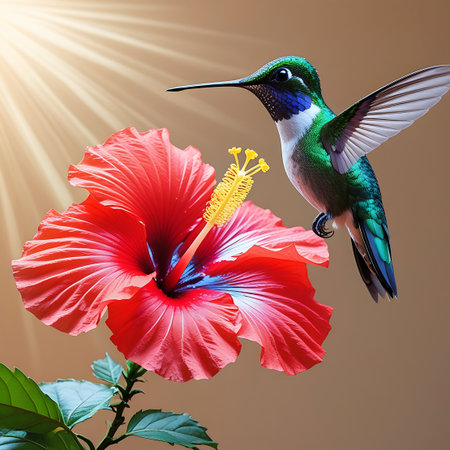A small, iridescent green and blue hummingbird hovers in the air, its wings blurred with motion, near a large, vibrant red hibiscus flower. The bird's long, slender beak is pointed towards the flower's center. Sunlight streams from the upper left, creating soft rays and a gentle bokeh effect in the background. Green leaves are visible at the bottom.の素材
