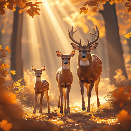 A majestic buck with antlers stands in the center, flanked by two fawns, a medium-sized and a very young one. They are in a forest during autumn, with golden sunlight streaming through the trees in visible rays. The ground is covered in fallen leaves of yellow, orange, and brown, and the trees above also display autumnal foliage.の素材