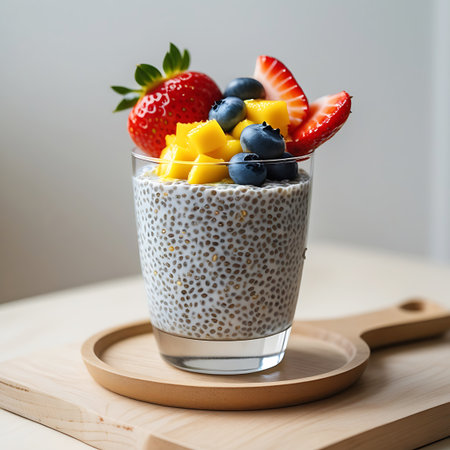 Mango showing chia seed pudding with mango and berries on a wooden plate keywords: chia seed pudding, chia seeds, pudding, healthy dessert, fruit, mango, blueberries, strawberries, fresh fruit, glass, transparent glass, wooden plate, wooden surface, breakfast, snack, healthy eating, nutritious, sweet, delicious, food photography, close-up, vibrant colors, refreshing, light background, summer food, vegan, vegetarian, dairy-free, gluten-free, superfood, seeds, texture, healthy lifestyle, food...の素材