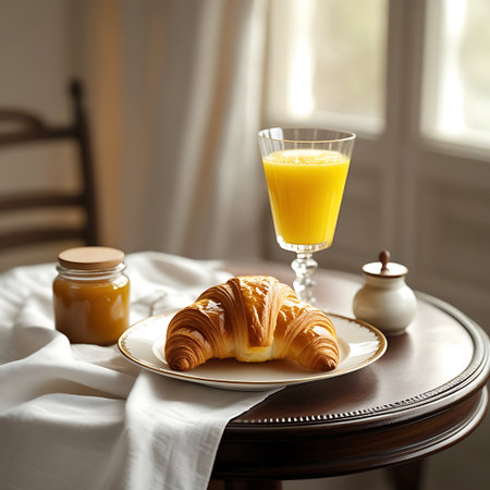 A golden brown croissant rests on a white plate with a gold rim, placed on a dark wooden round table. To the left is a glass jar filled with amber-colored jam, and to the right is a small white sugar bowl with a wooden lid. A tall glass of vibrant orange juice stands behind the croissant. A white cloth drapes over the table, and soft light filters in from a window with sheer curtains in the background.の素材