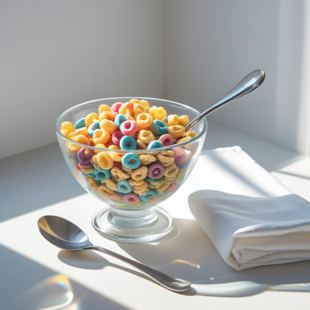 A clear glass bowl filled with brightly colored, ring-shaped cereal is set on a white surface. Two metal spoons are visible, one resting in the bowl and another on the surface. A neatly folded white napkin is placed to the right of the bowl. Sunlight casts distinct shadows and highlights, creating a dynamic visual.の素材
