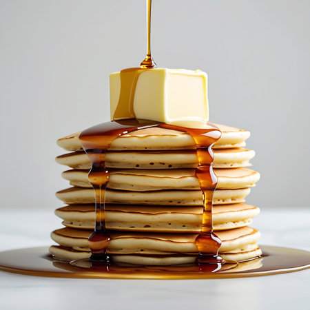 Image showing stack of pancakes with melting butter and dripping maple syrup. High resolution image suitable for commercial use. Clear details and vibrant colors enhance visual appeal.の素材