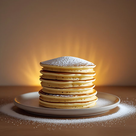 Glow showing stack of golden pancakes dusted with powdered sugar on a plate keywords: pancakes, stack, breakfast, food, sweet, dessert, sugar, powdered sugar, dusting, plate, white plate, round plate, wooden table, surface, light, warm light, golden light, glow, soft focus, bokeh, delicious, homemade, baked, fluffy, round, circular, morning, meal, treat, confection, baked goods, pastry, cuisine, culinary, kitchen, cooking, food photography, still life, appetizing, golden brown, light brown,...の素材
