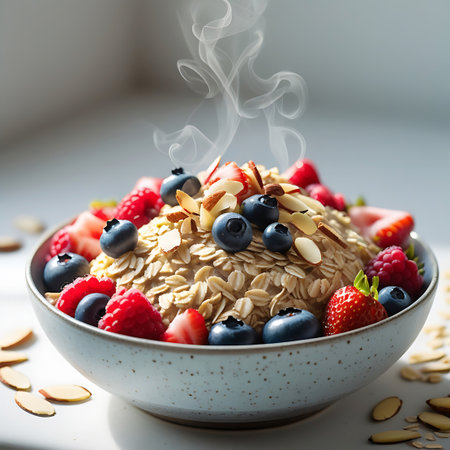 Strawberries showing steaming bowl of oatmeal topped with fresh berries and almonds keywords: oatmeal, breakfast, healthy food, berries, blueberries, raspberries, strawberries, almonds, sliced almonds, healthy breakfast, hot food, steam, morning meal, wholesome, nutritious, fruit, food, dessert, sweet, delicious, energy, organic, natural, cooking, preparation, bowl, light background, close-up, top view, food photography, healthy eating, vegan, vegetarian, dairy-free, gluten-free, high fiber,...の素材
