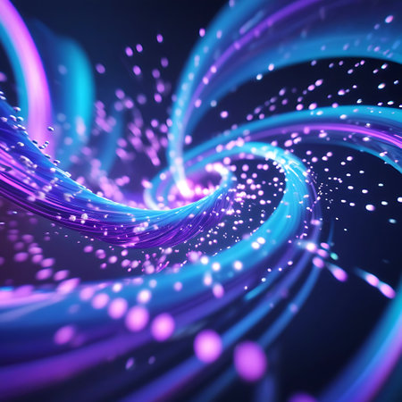 This abstract image features a dynamic swirl of vibrant blue and purple light trails, resembling energetic fibers or data streams. Numerous small, glowing particles are dispersed around the swirling forms, adding a sense of depth and movement. The background is dark and blurred, emphasizing the luminous, energetic subject.の素材