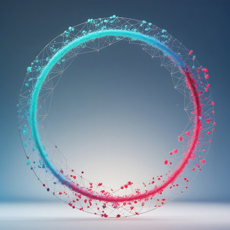 An abstract geometric ring structure is presented against a soft gradient background. The ring is formed by a delicate wireframe network, with vibrant cyan particles on one side and magenta particles on the other, creating a dynamic, swirling effect. Small, scattered spheres of red and blue are also visible, adding depth and texture to the composition.の素材