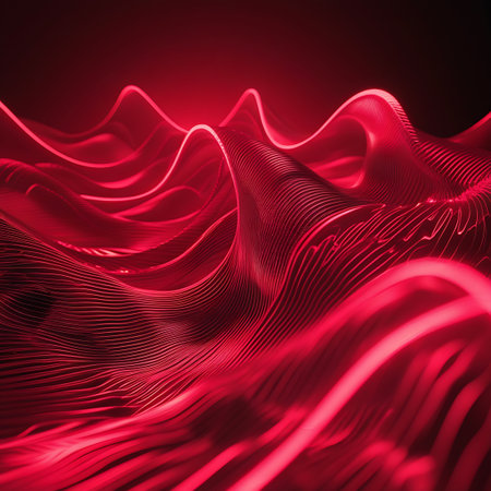 An abstract digital artwork featuring intricate, wavy lines in a vibrant red hue. These lines form organic, flowing shapes that suggest movement and depth, with a subtle glow emanating from them. The overall composition creates a sense of energy and complexity against a dark background.の素材