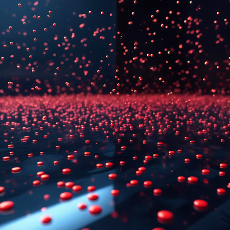 Numerous small, vibrant red spheres are scattered across a dark, highly reflective surface. Some spheres are floating in the air above the surface, while others rest upon it. The background is a deep, dark blue, with a soft bokeh effect that blurs out of focus lights. The overall impression is abstract and somewhat microscopic or cellular.の素材