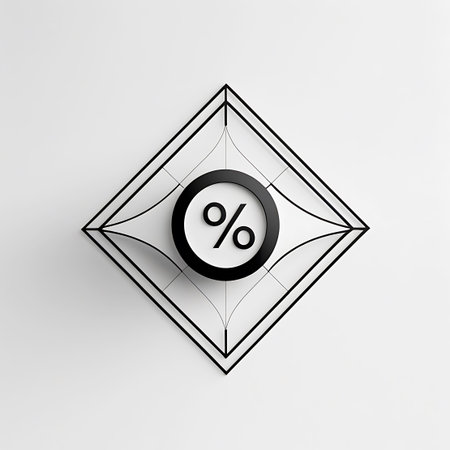 An abstract geometric design featuring a diamond-shaped outline with intricate inner lines. A black circle containing a white percentage symbol is positioned at the center. The composition is rendered with a clean aesthetic against a white background, casting a subtle shadow, suitable for concepts related to finance or promotions.の素材
