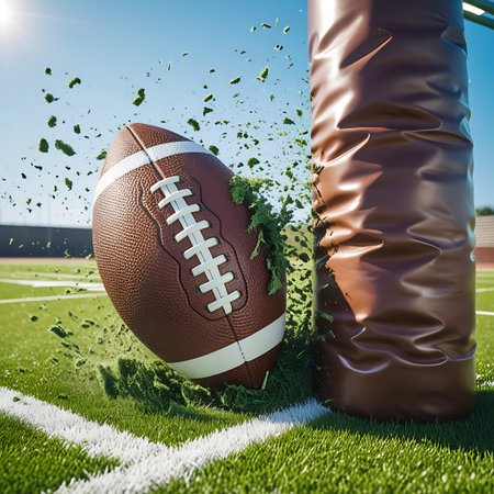 A dynamic, low-angle shot shows an American football colliding with the padded goal post. The impact is visually represented by a burst of grass clippings and turf flying outwards, highlighting the force and action of the sport.の素材
