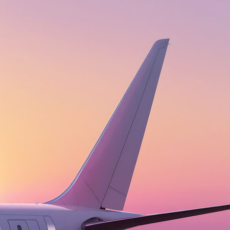 A close-up view of an airplane's tail fin and part of its wing against a soft pastel gradient sky. The sky transitions from pale yellow and orange at the horizon to pink and purple higher up, creating a serene and atmospheric backdrop. The clean lines of the aircraft's tail are illuminated by the gentle light of dawn or dusk.の素材
