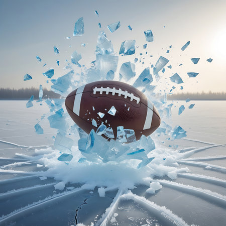 An American football is captured mid-explosion, bursting through a cracked and icy surface. Shards and fragments of ice are flying outwards in all directions, creating a dynamic and dramatic visual. The football itself is a rich brown with white laces and stripes. The background shows a frozen, outdoor landscape with a hint of trees in the distance under a bright sky.の素材