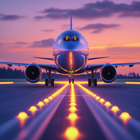 A front view of a commercial airplane is positioned on a runway, illuminated by rows of bright orange runway lights. The sky above is a dramatic blend of purple and pink hues, with scattered clouds indicating the setting sun. The airplane's metallic surface reflects the ambient light. The scene captures the anticipation of travel or arrival at an airport during twilight.の素材