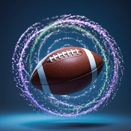 A brown American football with white laces and stripes is suspended in the air, surrounded by a swirling vortex of glowing purple and green particles. The background is a dark, gradient blue, with a subtle blue light emanating from below the football, creating a sense of depth and energy. The particles form a circular, dynamic motion around the ball, suggesting speed and power.の素材