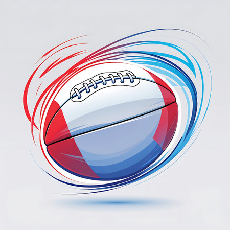 An illustration of an American football with white and red panels and black laces. The ball is surrounded by dynamic, swirling lines of red and blue, creating a sense of motion and energy. The background is a light gray with a subtle shadow beneath the ball.の素材
