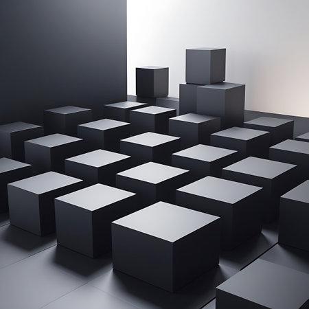 An arrangement of dark gray, matte finish cubes of varying heights is displayed on a reflective, dark surface. The cubes are positioned in a grid-like pattern, with some taller ones creating visual interest. Shadows are cast, highlighting the geometric forms and creating a sense of depth and contrast.の素材
