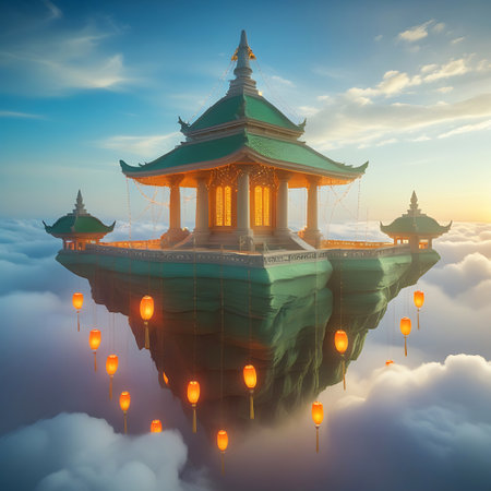 A grand floating temple complex, featuring a central pagoda and smaller accompanying structures, is depicted amidst a sea of clouds. The buildings have traditional Asian architectural elements, including green, curved roofs and supporting pillars. Many orange paper lanterns are suspended from the structures and the edges of the floating island, emitting a warm light. The scene is bathed in the soft light of a sunset or sunrise.の素材