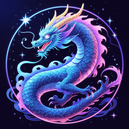 A vibrant, stylized dragon is depicted coiled within a glowing circular frame against a dark, star-filled cosmic background. The dragon's scales are a mix of deep blues and purples, with highlights of pink and gold along its mane, horns, and tail. Its eyes are bright red, and its mouth is slightly open, revealing sharp teeth. The circular outline and the surrounding stars emit a soft, ethereal glow, creating a magical and otherworldly atmosphere. The overall style is illustrative and...の素材