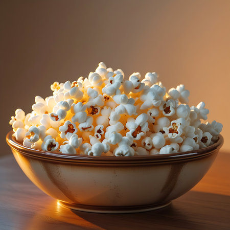 A close-up studio shot of a round ceramic bowl filled with a generous amount of fluffy white popcorn. The bowl has a subtle brown rim and sits on a wooden table. The lighting is warm and soft, creating a gentle glow and a shallow depth of field that blurs the background. The popcorn is the main focus, appearing light, airy, and ready to be enjoyed.の素材