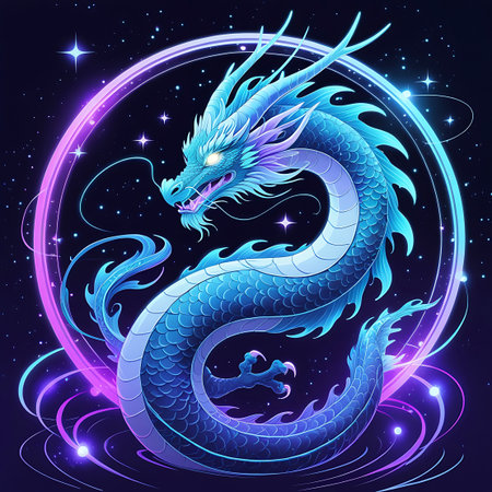 An intricately detailed azure dragon is depicted coiled within a bright, glowing circular frame against a dark, star-speckled cosmic background. The dragon's scales are rendered in shades of blue and teal, with luminous accents of pink and purple along its mane, fins, and tail. Its eyes are a piercing light blue. The circular border and scattered celestial lights emit a strong, ethereal glow, enhancing the magical and otherworldly feel of the illustration.の素材