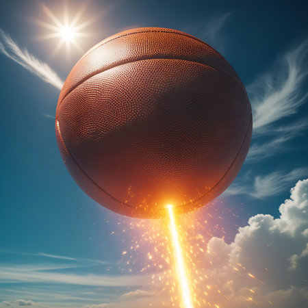 A basketball is shown suspended in a bright blue sky, surrounded by soft, white clouds and illuminated by a radiant sun. A powerful, glowing beam of yellow-orange energy erupts from the bottom of the basketball, creating a trail of sparks and light. The image conveys a sense of explosive power and dynamic action, as if the basketball has been launched with incredible force.の素材