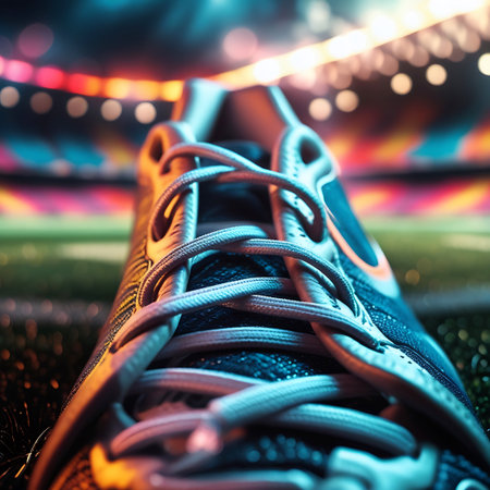A detailed, close-up view of a soccer cleat resting on a green field. The laces are prominently featured, with the shoe's texture visible. In the background, blurred stadium lights create a bokeh effect of vibrant colors, suggesting a nighttime game or event. The perspective is low, emphasizing the cleat and the field.の素材