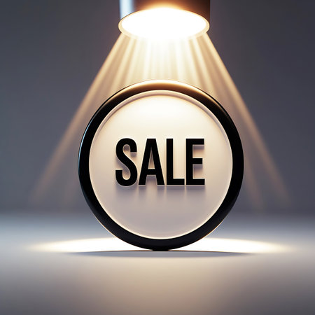 A circular sign with the word "SALE" in bold black letters is prominently displayed. The sign is illuminated by a bright spotlight from above, casting strong beams of light and creating dramatic shadows on the grey background and reflective surface below. The lighting emphasizes the text and the circular shape of the sign, suggesting a special promotion or announcement.の素材