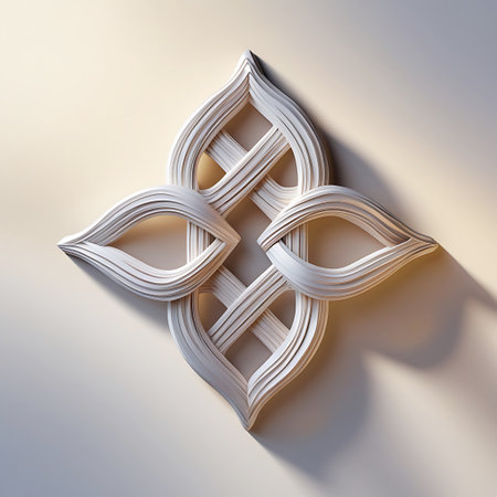 A white, three-dimensional abstract sculpture with an intricate, interwoven geometric pattern is displayed against a soft, light beige background. The sculpture features smooth, flowing lines that create a sense of depth and complexity. Shadows cast by the object highlight its sculpted form and the subtle variations in its surface. The overall aesthetic is clean, modern, and decorative.の素材