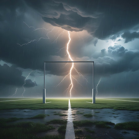 A powerful lightning bolt strikes down from a dark, stormy sky, illuminating a flooded football field. Rain is visible falling heavily, and puddles of water reflect the dramatic light. A football goalpost stands prominently in the center of the field, with white markings visible on the wet grass. The scene is intense and atmospheric, capturing the raw power of a severe thunderstorm.の素材