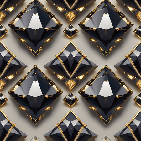 A seamless pattern featuring large, faceted black gemstones with sharp edges, each set within an ornate gold metallic frame. Smaller diamond shapes are interspersed between the larger ones. Subtle lighting creates highlights and shadows, emphasizing the polished surfaces and luxurious feel of the design.の素材