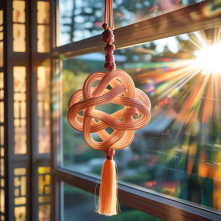 A delicate, peach-colored knotted ornament hangs in front of a window, catching the bright sunlight. The intricate woven pattern of the knot is clearly visible, with a soft tassel hanging below. Sunbeams stream through the glass, creating a beautiful bokeh effect in the background, highlighting the warmth and texture of the ornament.の素材