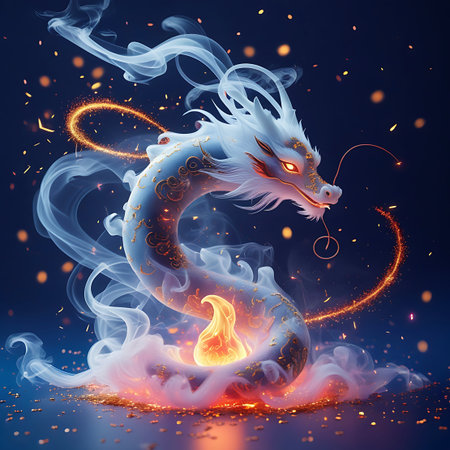 A luminous white dragon, adorned with golden ornate patterns, coils within swirling white smoke against a dark blue background. A golden ring encircles its head, and a small, bright orange flame emanates from its chest. Golden sparks and confetti are scattered across the scene, creating a magical and celebratory atmosphere.の素材