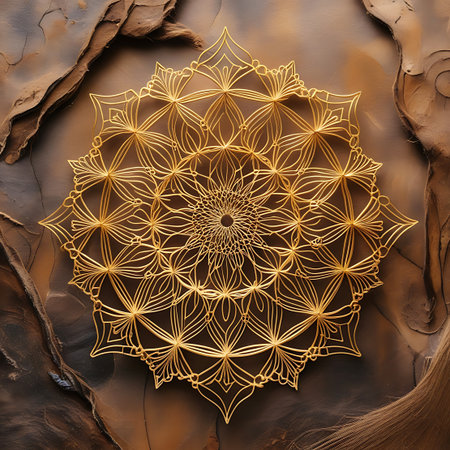 A detailed, golden mandala ornament is centrally placed on a textured, earthy brown background. The mandala features intricate geometric and floral patterns, created with fine, delicate lines. The background has a rough, organic texture resembling bark or dried mud, with hints of darker brown and lighter tan hues. The lighting casts subtle shadows, highlighting the three-dimensional quality of the ornament and the depth of the background.の素材