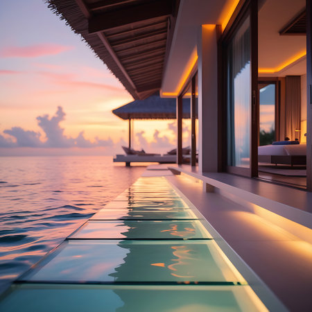 A luxurious overwater bungalow is captured at sunset, with the calm ocean lapping gently against its structure. A section of the floor is made of transparent glass, revealing the turquoise water below and reflecting the warm hues of the sky. The interior is softly lit, hinting at a comfortable and elegant living space.の素材