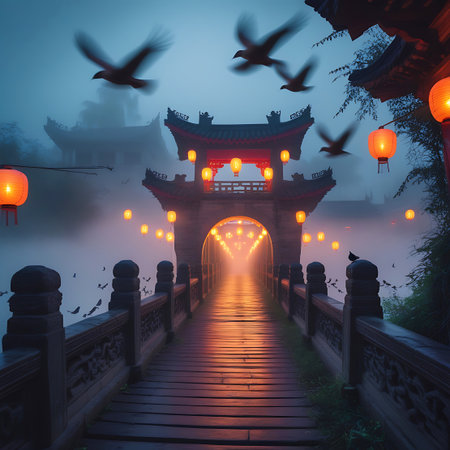 A wooden bridge with ornate railings leads towards a traditional Asian archway gate. Orange lanterns glow along the bridge and on the gate, casting a warm light through the thick mist. Silhouettes of birds fly in the moody, twilight sky, adding to the atmospheric and mystical feel of the scene.の素材